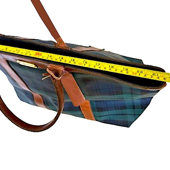 RALPH LAUREN BlackWatch Plaid Coated Canvas Brown Leather Top Zip Oversized Bag - Picture 12 of 16